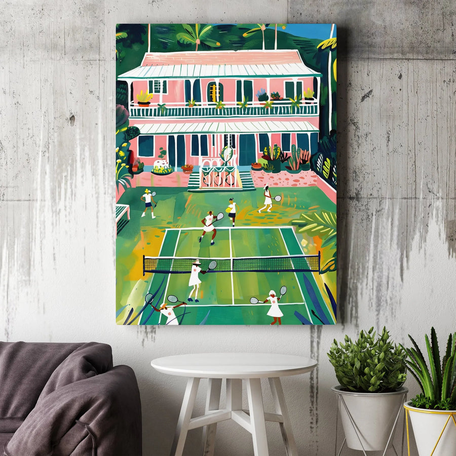 Vintage Tennis Match Canvas Print | Tropical Country Club Scene | Premium Fade-Resistant Wall Art | Unique Gift for Tennis Lovers