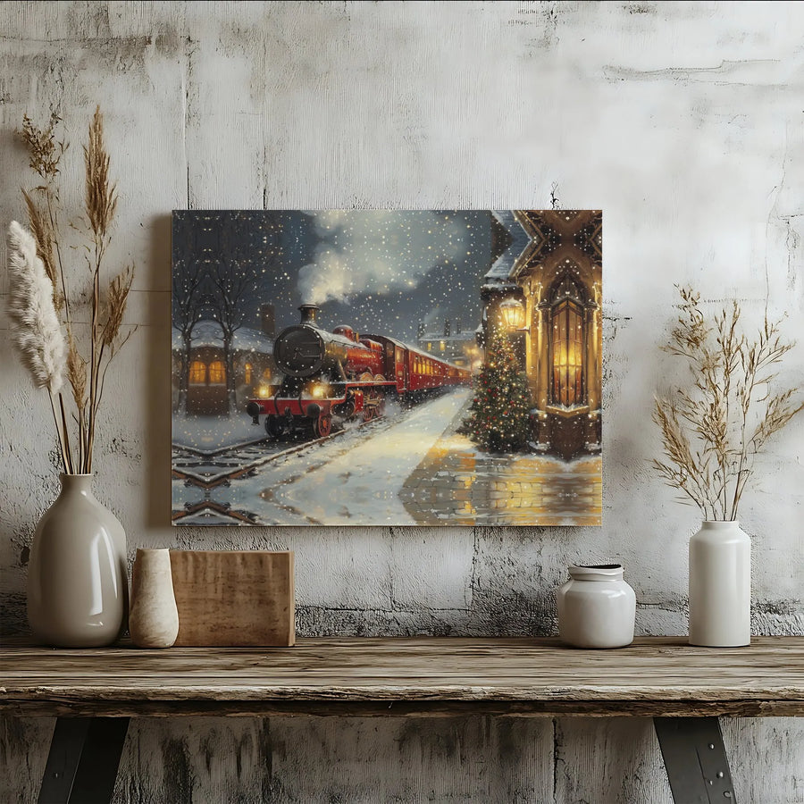 Christmas Steam Train Canvas Art | Snowy Railway Station Decor | Premium Gallery Wrap Print | Festive Holiday Wall Art Gift