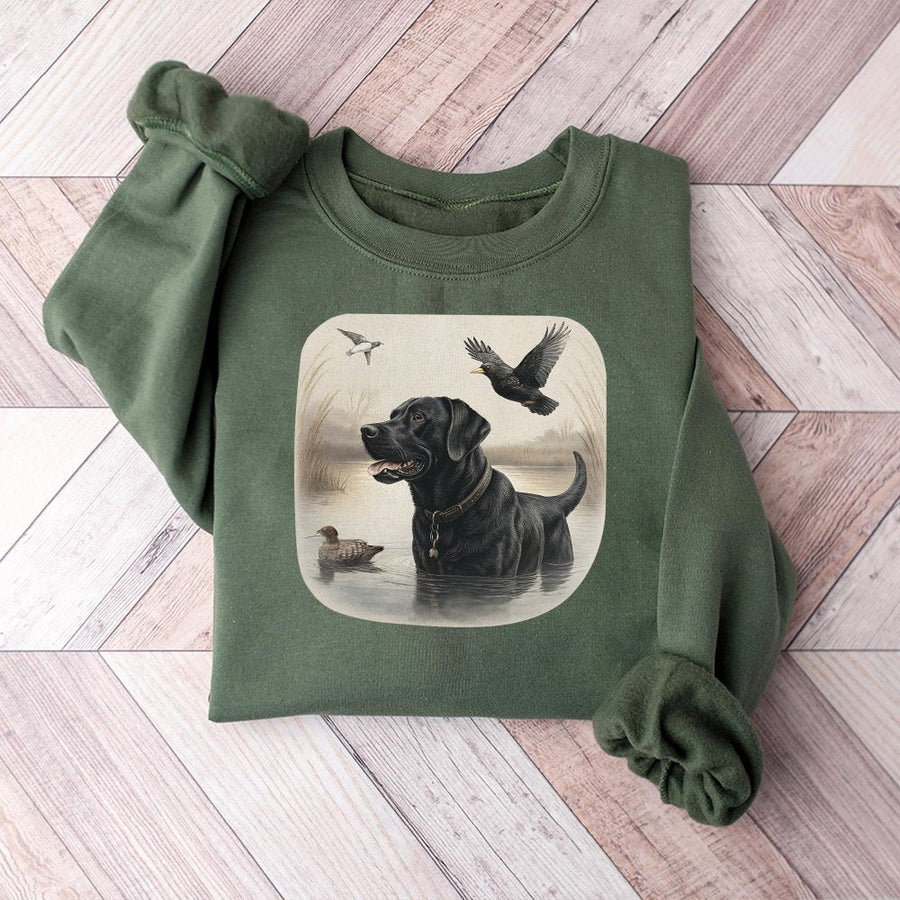 Black Lab Duck Hunting Sweatshirt | Realistic Waterfowl Field Dog Graphic | Premium Cotton Blend | Outdoor Gift for Hunter & Dog Lover