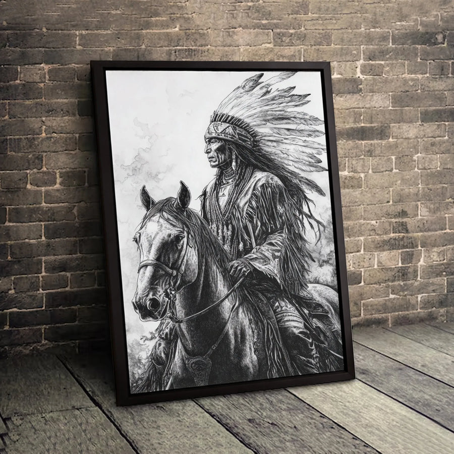 Native American Chief Wall Art | Warrior on Horseback Sketch Print | 1.25-Inch Gallery Canvas | Western Home Decor Gift