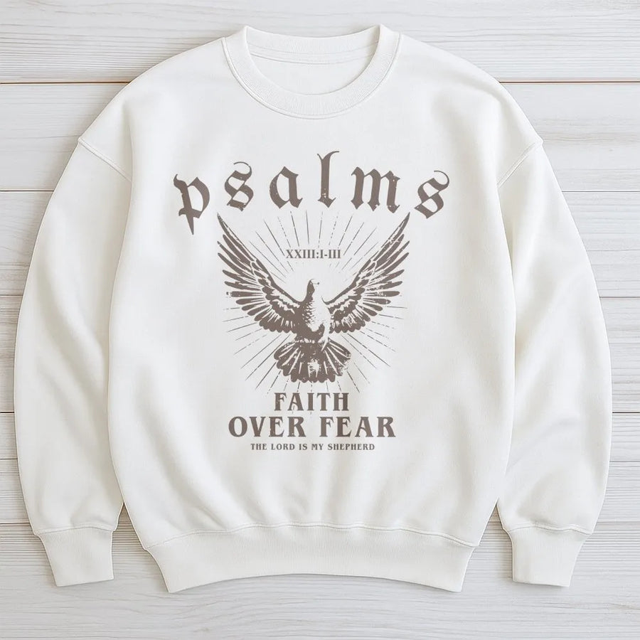 Faith Over Fear Sweatshirt | Psalms 23 Bible Verse Dove Graphic | Premium Cotton Blend Christian Apparel | Religious Gift for Men and Women