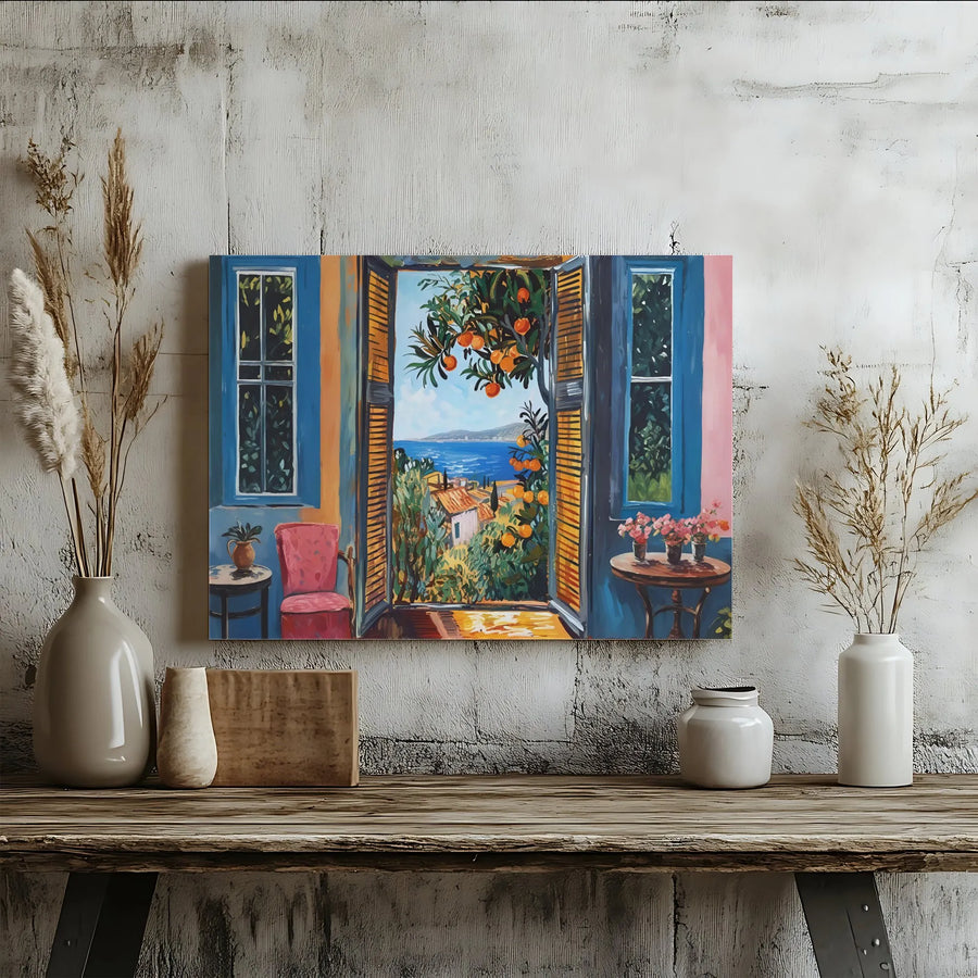 Mediterranean Window Canvas Print | Coastal Sea View with Orange Tree | 1.25” Gallery Wrap Premium Art | Vacation Home Decor Wall Hanging