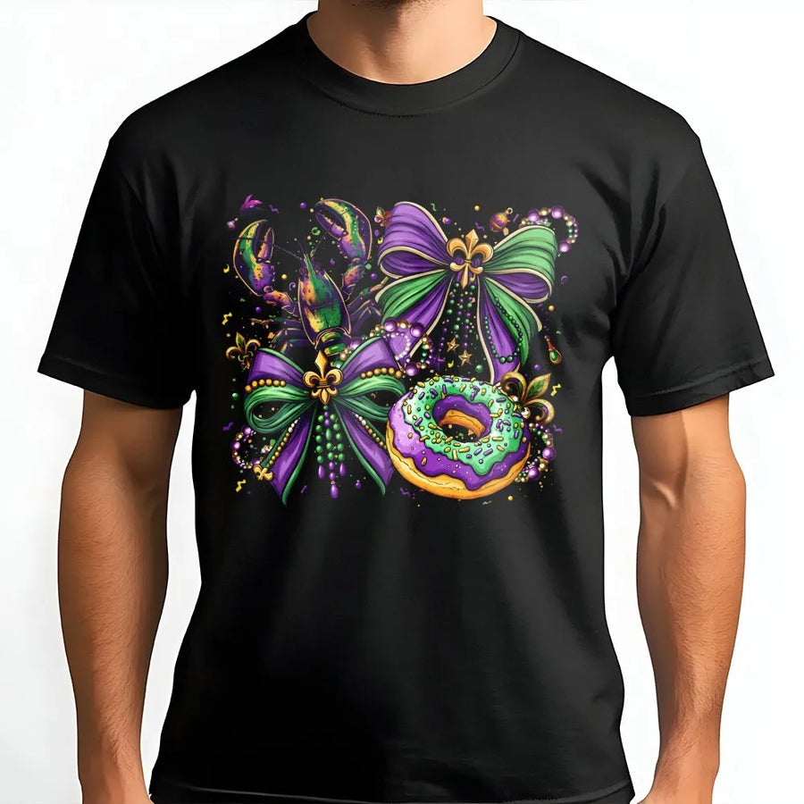 Mardi Gras Coquette Bow T-Shirt | Retro Lobster and King Cake Graphic Tee | Soft Cotton Carnival Shirt | Festive New Orleans Gift for Women