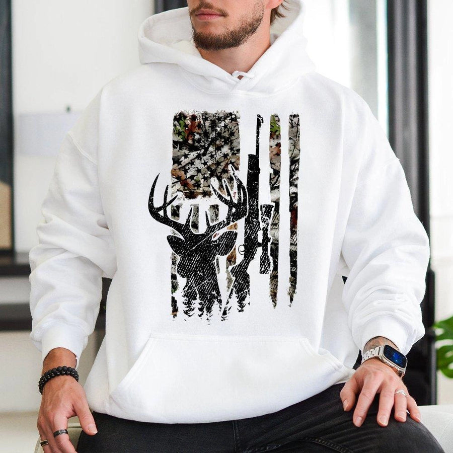 Deer Hunting Hoodie | Camo American Flag Graphic | Premium Cotton Blend | Gift for Hunter Men and Women