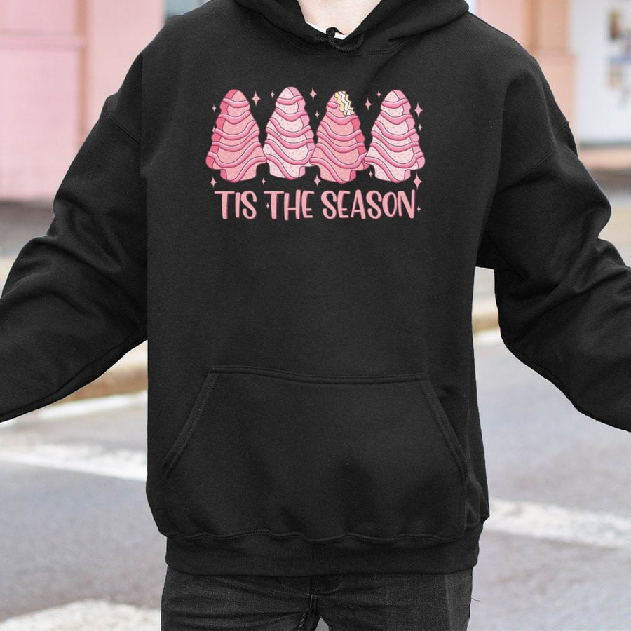 Pink Christmas Tree Cake Hoodie | Tis The Season Graphic Sweatshirt | Cotton-Polyester Blend | Cozy Holiday Gift for Women and Teens