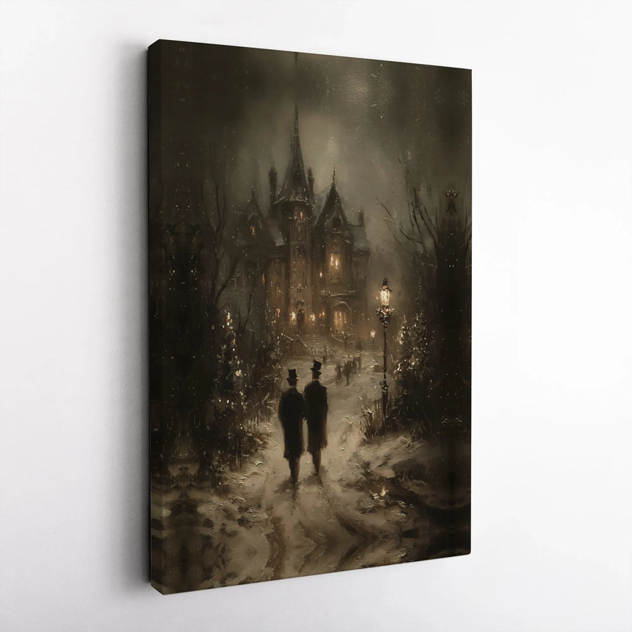 Gothic Victorian Mansion Canvas Print | Snowy Christmas Night Winter Landscape | Premium Fade-Resistant Wall Art | Elegant Home Office Decor Gift