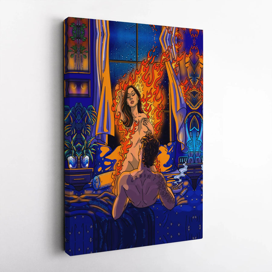 Twin Flame Canvas Wall Art | Vibrant Lovers Embrace, Psychedelic Bedroom Illustration | Premium Gallery Wrapped Canvas | Bedroom Decor Gift for Couples