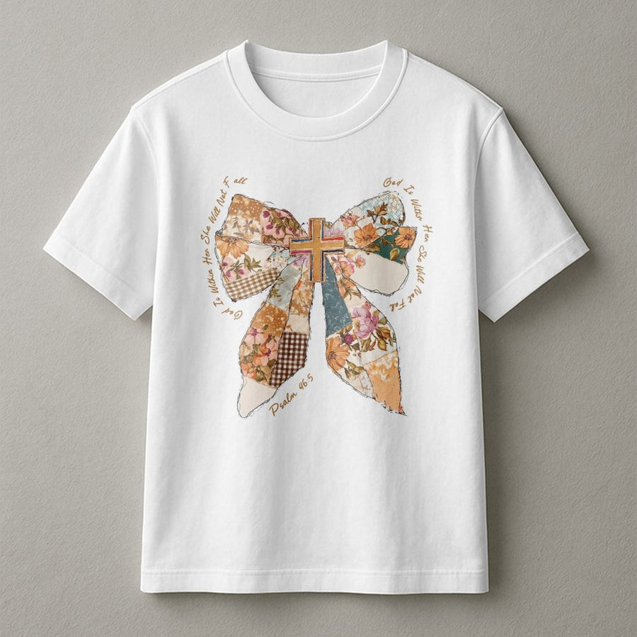 God Is Within Her Bow T-Shirt | Psalm 46:5 Christian Patchwork Floral Print | Premium Soft Cotton | Faith-Based Religious Gift for Women