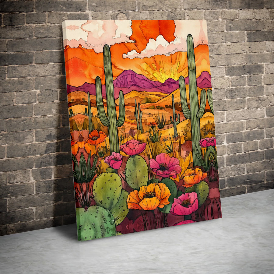 Desert Cactus Canvas Wall Art | Boho Watercolor Desert Scene | Premium 1.25" Thick Gallery Wrap | Southwestern Home Decor Gift