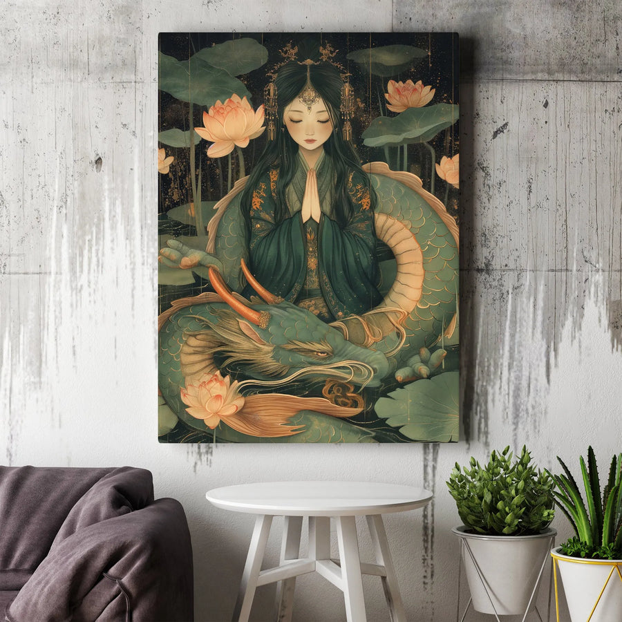 Dragon and Goddess Canvas Art | Mythical Asian Dragon & Lotus Flower Print | Premium Gallery-Style Canvas | Zen Meditation & Yoga Room Decor
