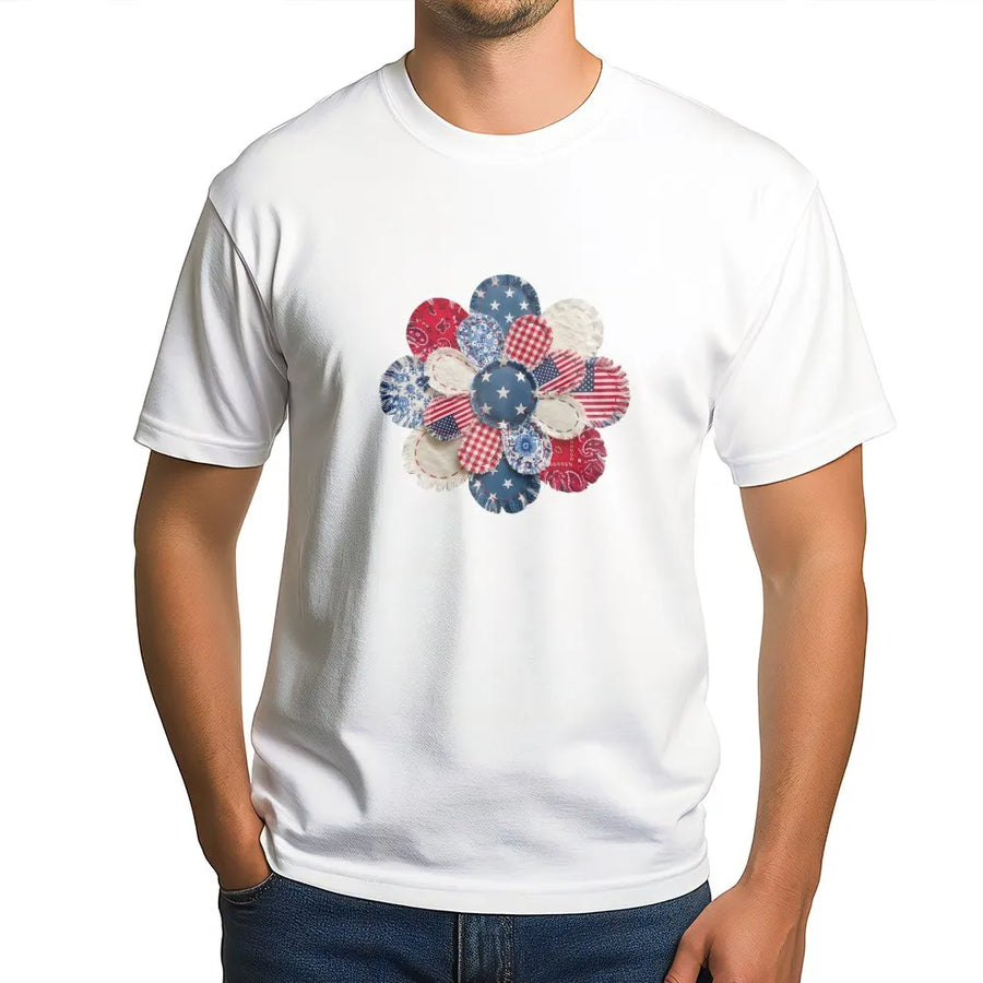 Patriotic Patchwork Flower T-Shirt | Americana Quilt Style Graphic | Premium Comfort Colors Tee | 4th of July Gift for Women