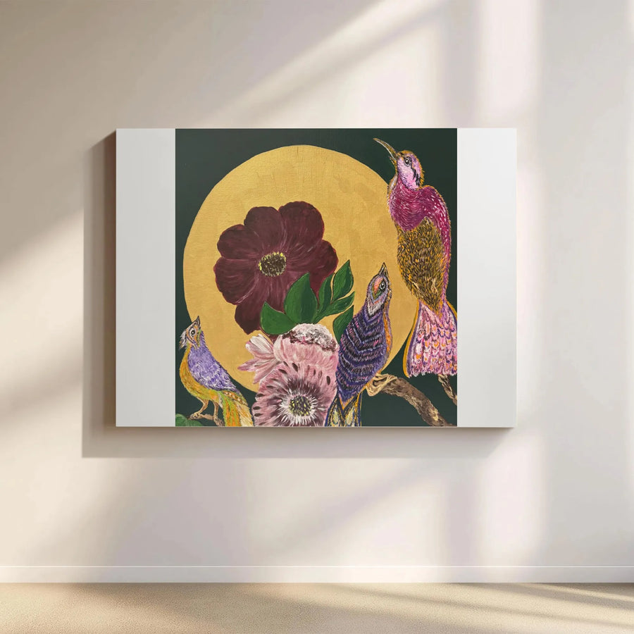 Bohemian Birds Canvas Wall Art | Vibrant Floral and Gold Moon Print | Premium Fade-Resistant Print | Eclectic Home Decor Gift
