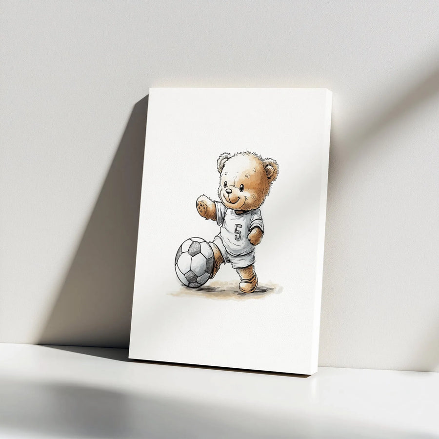 Soccer Teddy Bear Canvas Wall Art | Cute Cartoon Animal Illustration | Premium Gallery Wrapped Canvas | Nursery & Kids Room Decor Gift