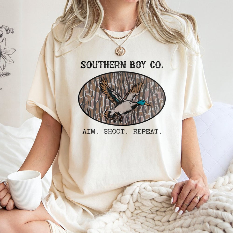 Duck Hunting T-Shirt | Aim Shoot Repeat Mallard Design | 100% Cotton Premium Apparel | Outdoor Gift For Hunters & Country Boys