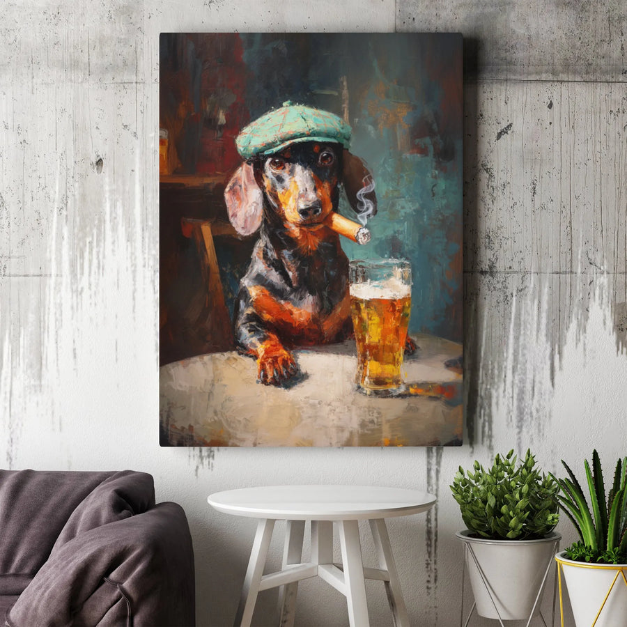 Dachshund Smoking Cigar Canvas Art | Funny Dog Drinking Beer Painting | Premium Gallery-Wrapped Wall Decor | Unique Gift for Dog Lovers & Pub Owners