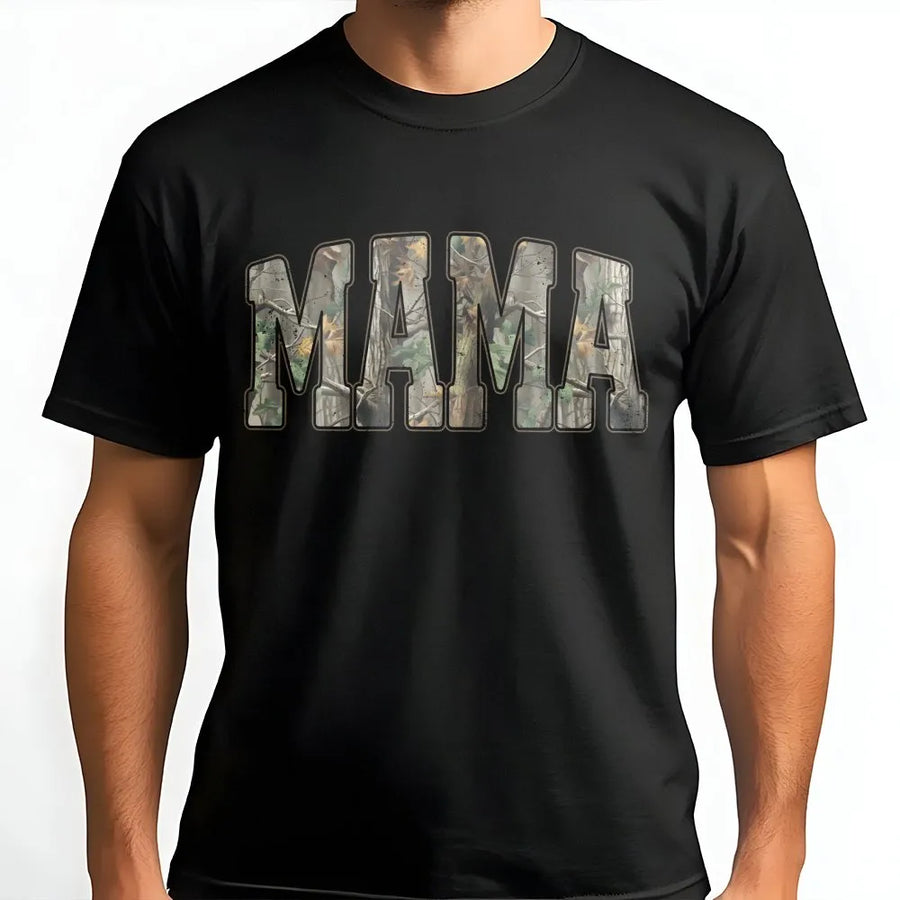 Camo Mama T-Shirt | Varsity Letter Outdoors Design | Premium Soft Cotton | Hunting Mom Gift Idea