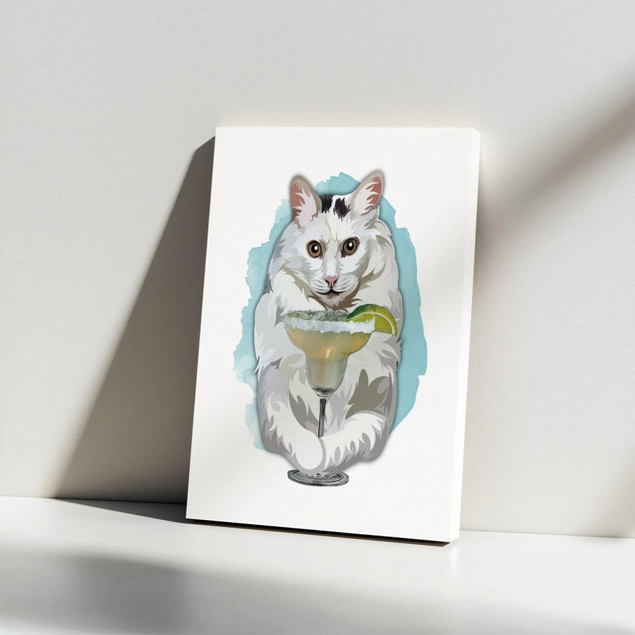 Funny Cat Canvas Wall Art | White Fluffy Kitten Sipping Margarita | Premium Gallery Wrap Print | Whimsical Kitchen & Bar Decor Gift