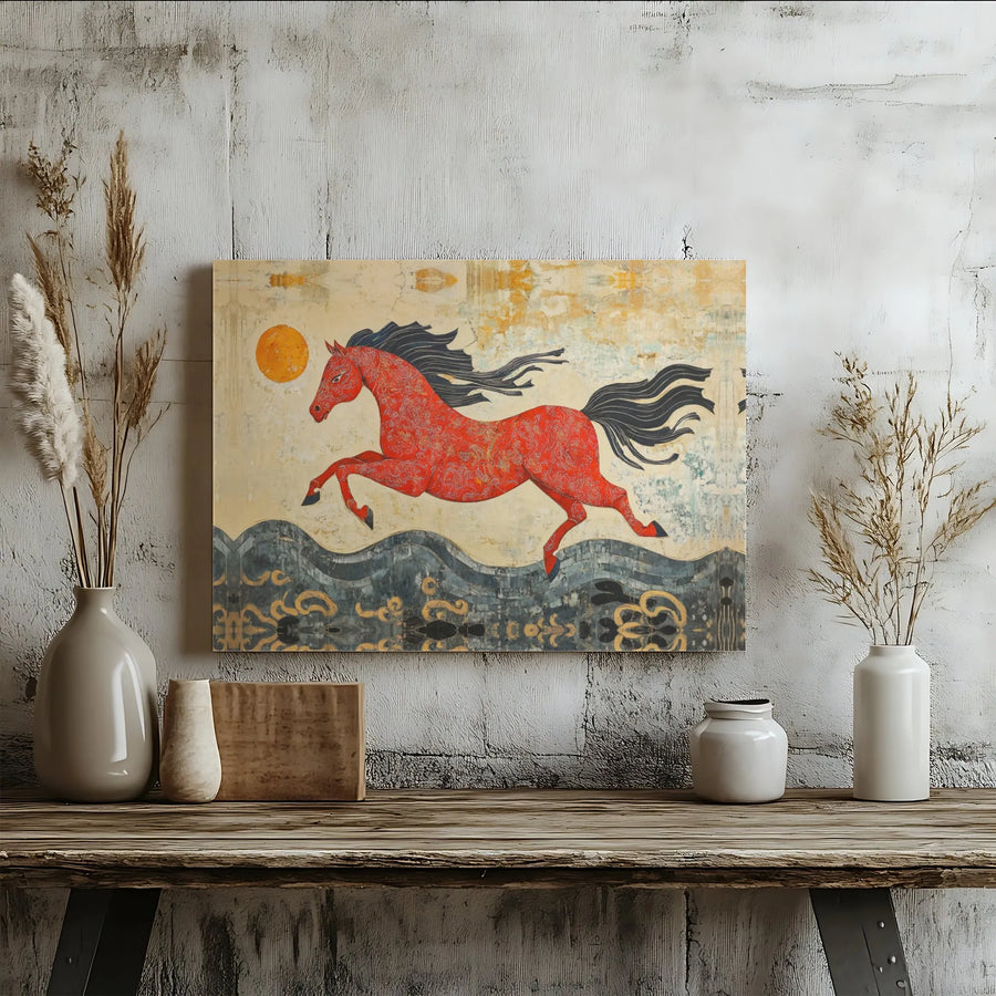 Red Horse Canvas Print | Folk Art Galloping Stallion Wall Decor | 1.25 Inch Gallery Wrap | Premium Fade Resistant Artwork for Home Office Gift