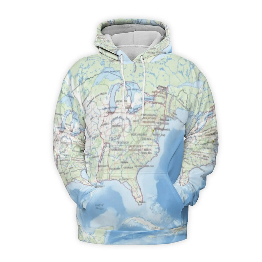 USA Map Print Hoodie | Eastern United States Geography Graphic | Premium Polyester Brushed Fleece | Unique Travel Gift for Geography Lovers