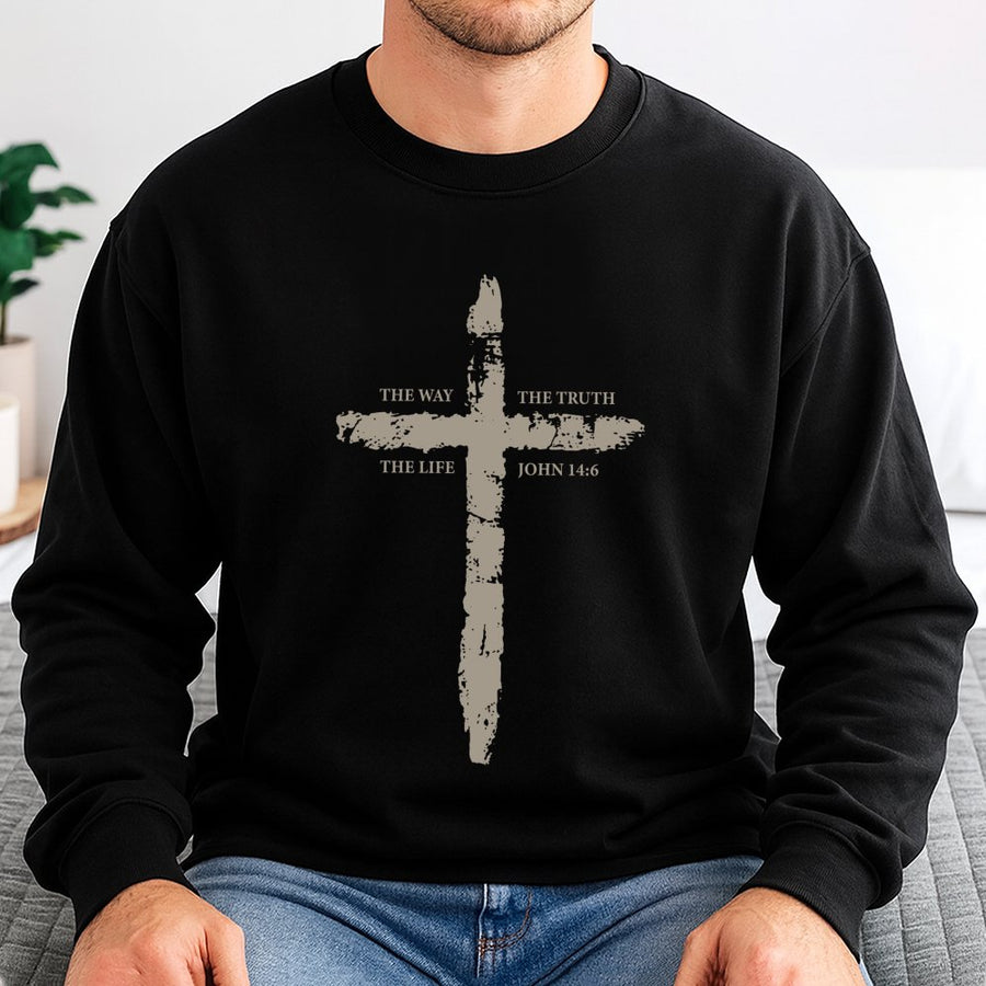 John 14:6 Bible Verse Sweatshirt | Rustic Cross Graphic | Premium Cotton Blend | Christian Faith Gift for Men and Women