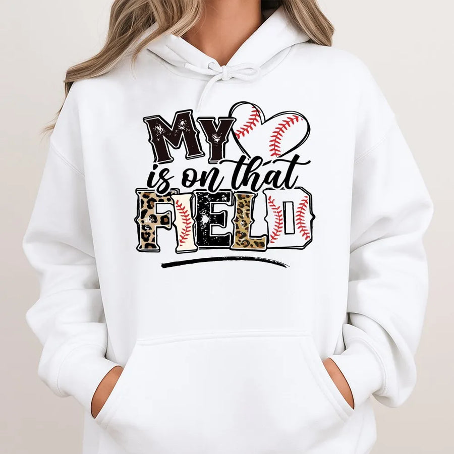 Baseball Mom Hoodie | My Heart Is On That Field Leopard Print Graphic | Soft Cotton-Poly Blend | Mother's Day Gift for Baseball Mama