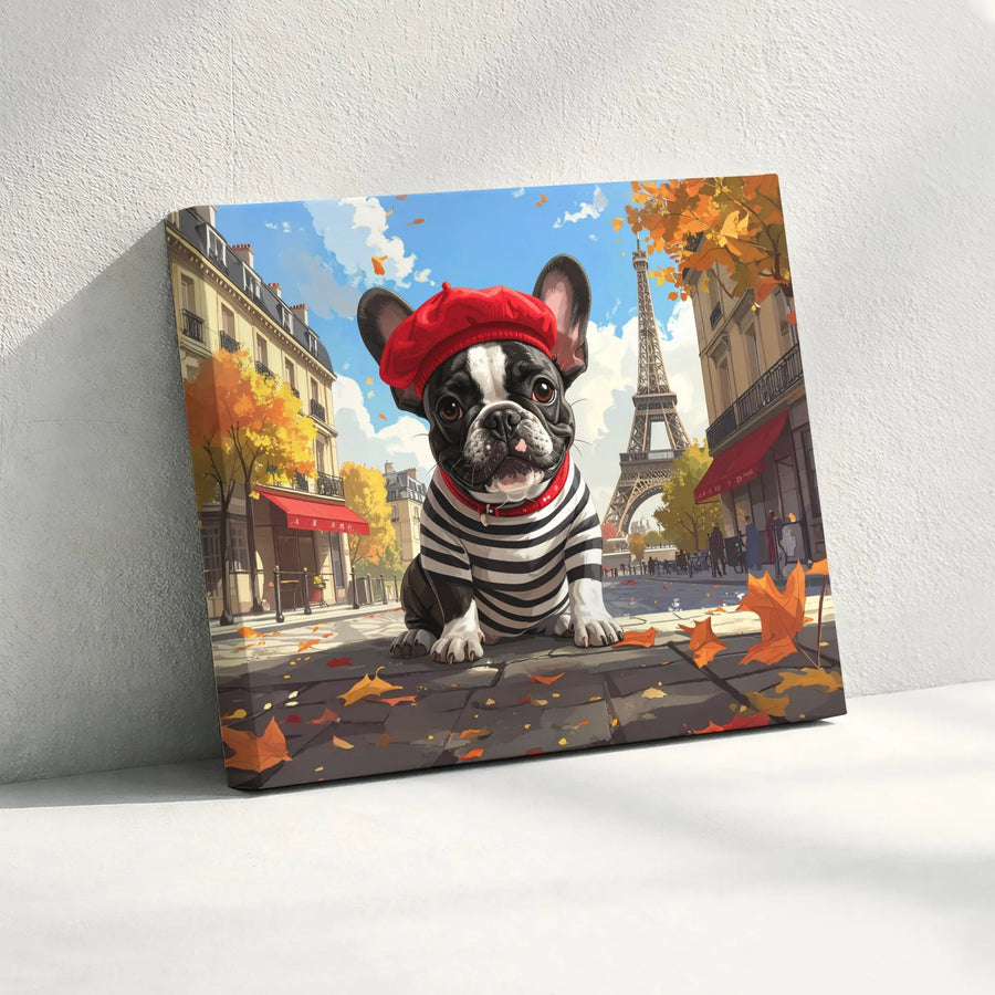 French Bulldog Paris Canvas Wall Art | Whimsical Frenchie in Red Beret | Premium Gallery Wrapped Canvas | Gift for Dog Lover & Parisian Home Decor