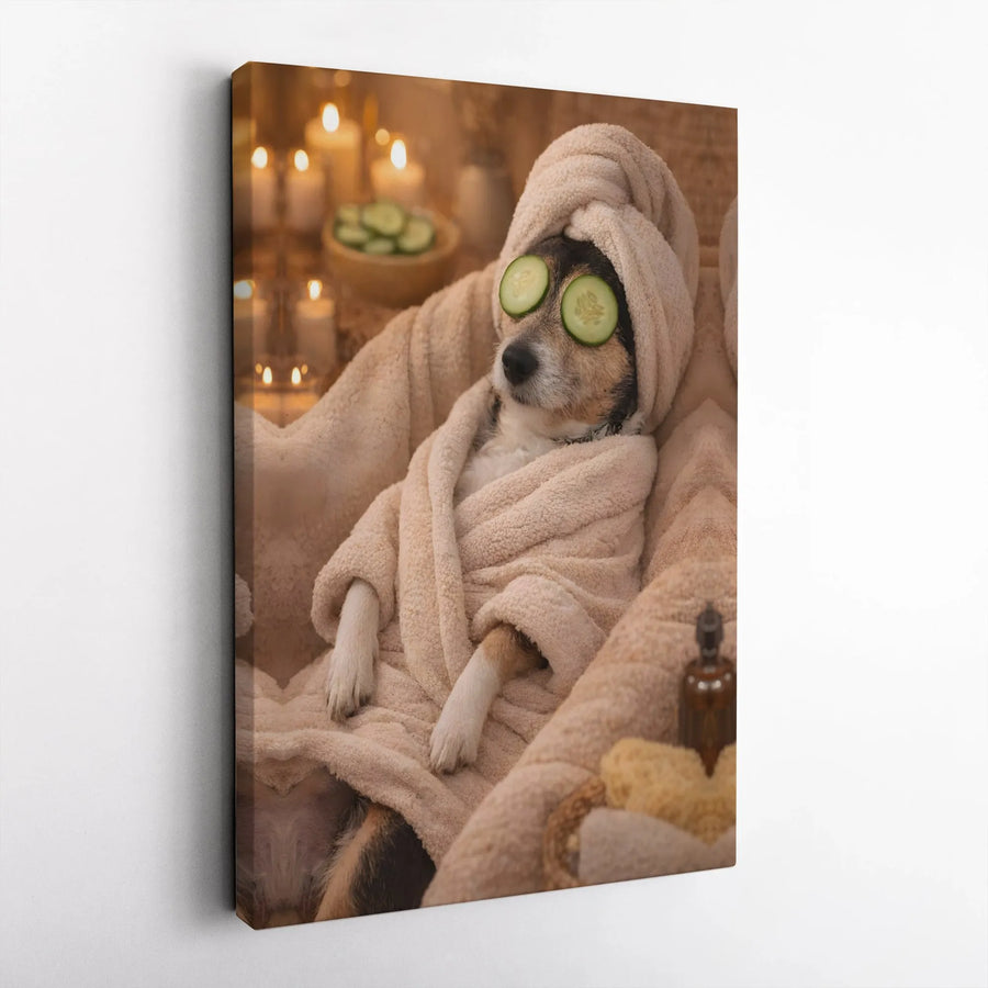 Dog Spa Wall Art | Relaxing Puppy in Bathrobe Canvas Print | Premium 1.25-inch Gallery Wrap | Funny Bathroom Decor Gift for Dog Lovers