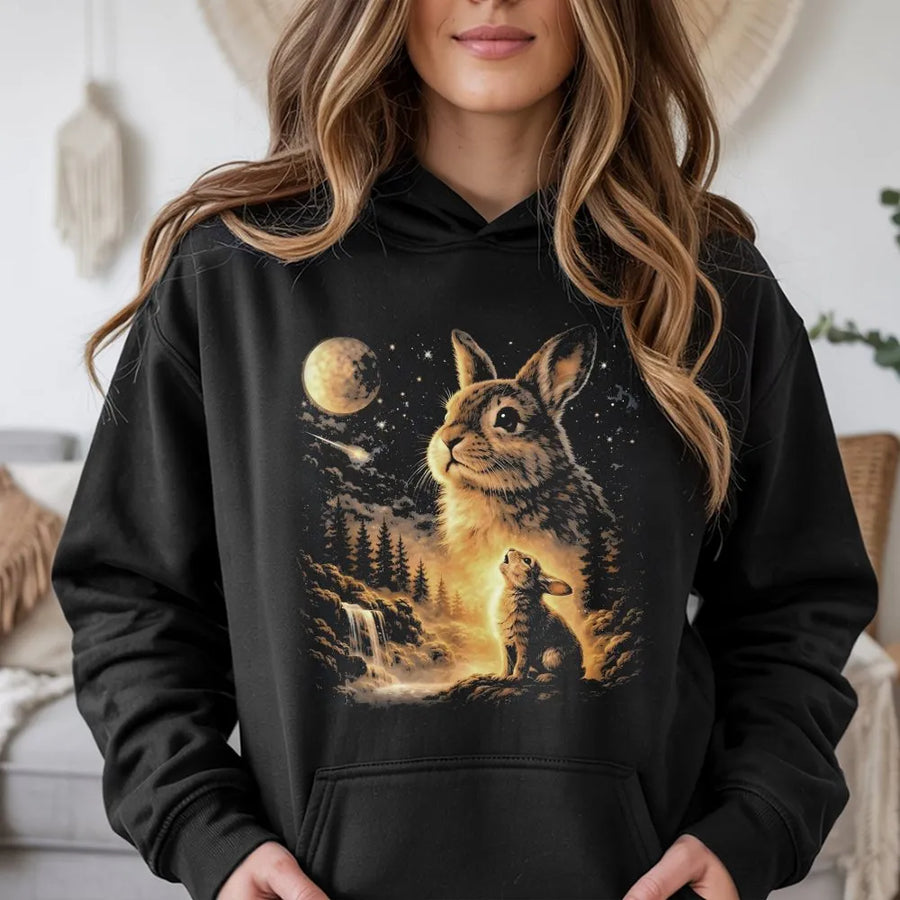 Bunny Howling at the Moon Hoodie | Vintage Celestial Rabbit Graphic | Soft Cotton Blend Pullover | Gift for Nature & Animal Lovers