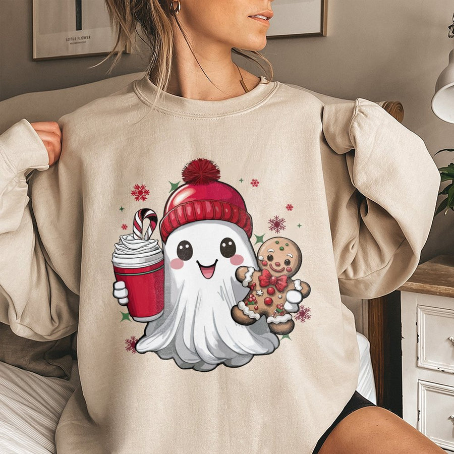 Christmas Ghost Sweatshirt | Cute Gingerbread Man Graphic | Premium Cotton Blend | Funny Holiday Gift for Women and Men
