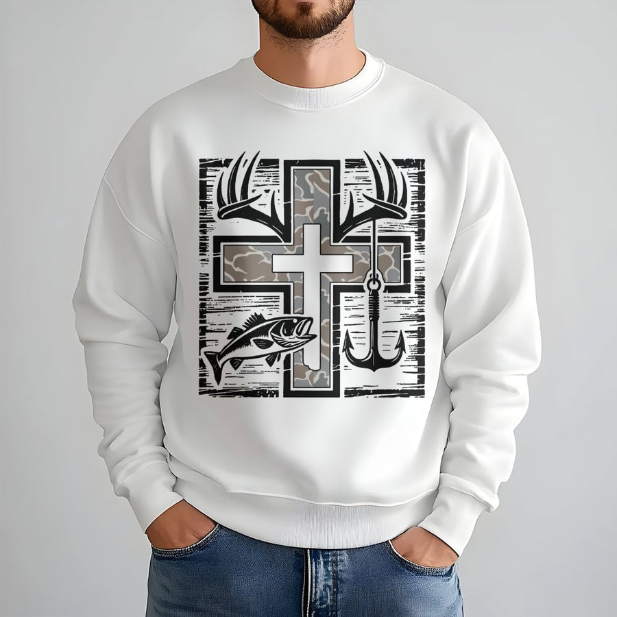 Fishing and Hunting Cross Sweatshirt | Camo Antler Fish Hook Graphic | Premium Cotton Blend | Gift for Outdoorsmen and Christian Sportsmen