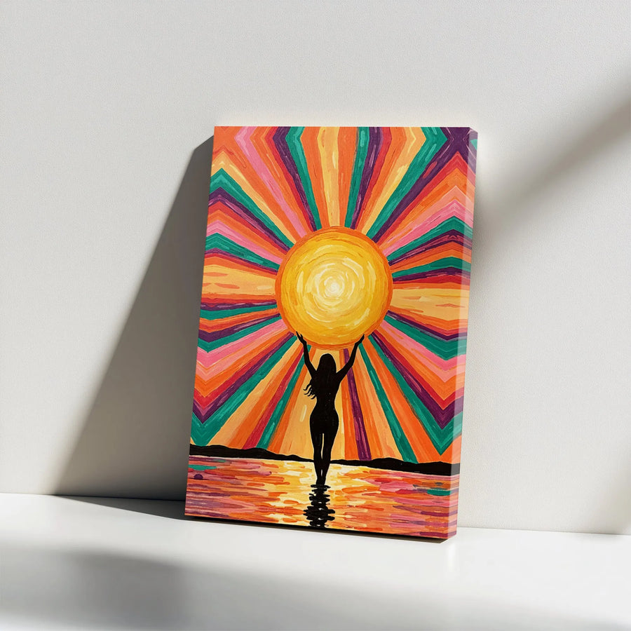 Abstract Sun Goddess Canvas Print | Vibrant Retro Sunburst with Woman Silhouette | Premium Gallery Wrapped Canvas | Boho Home Decor Gift for Her