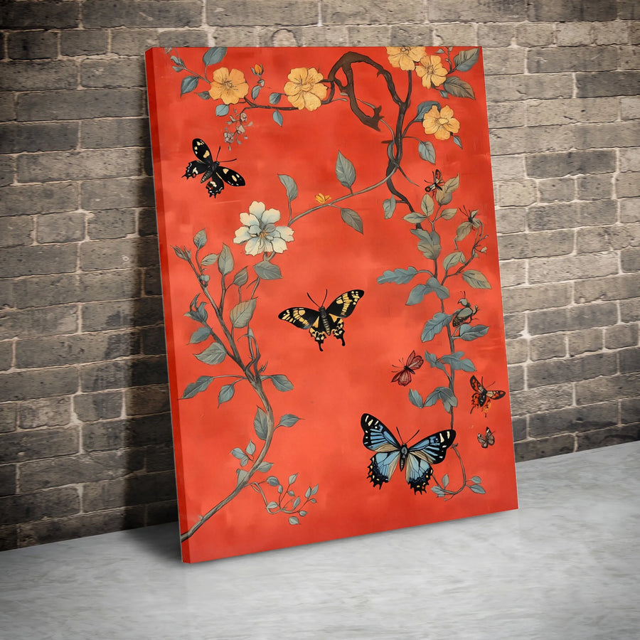 Vintage Butterfly Canvas Art | Red Chinoiserie Floral & Butterfly Print | Premium Gallery Wrapped Canvas | Elegant Home Decor Gift