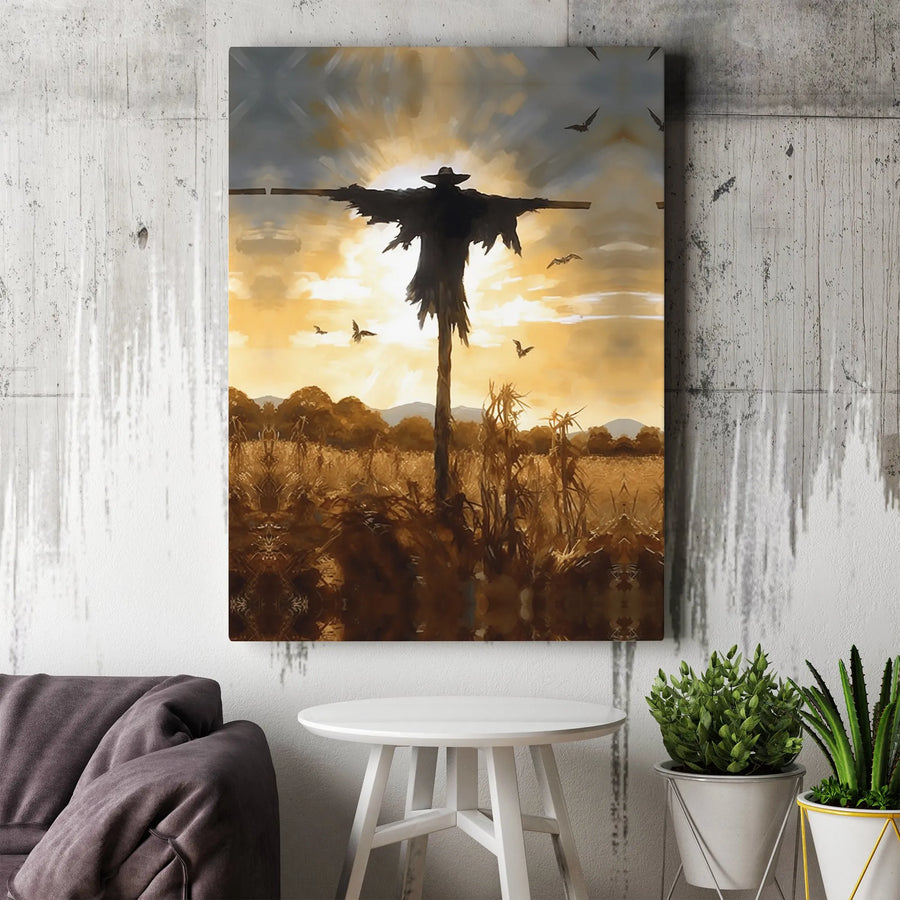 Spooky Scarecrow Canvas Wall Art | Gothic Harvest Cornfield Print | Premium Matte Canvas | Rustic Halloween Home Decor Gift