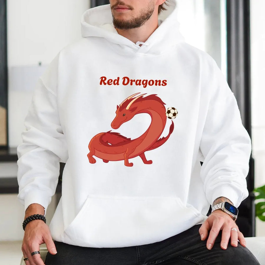 Red Dragons Soccer Hoodie | Cartoon Team Mascot Graphic | Premium Cotton Blend | Gift for Football Player and Coach
