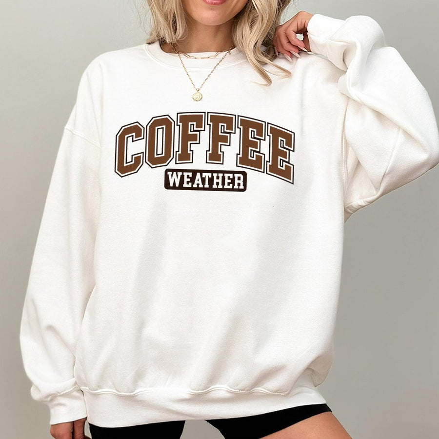 Coffee Weather Sweatshirt | Collegiate Varsity Font Graphic | Cotton Blend Premium Crewneck | Cozy Gift for Coffee Lovers & Caffeine Addicts