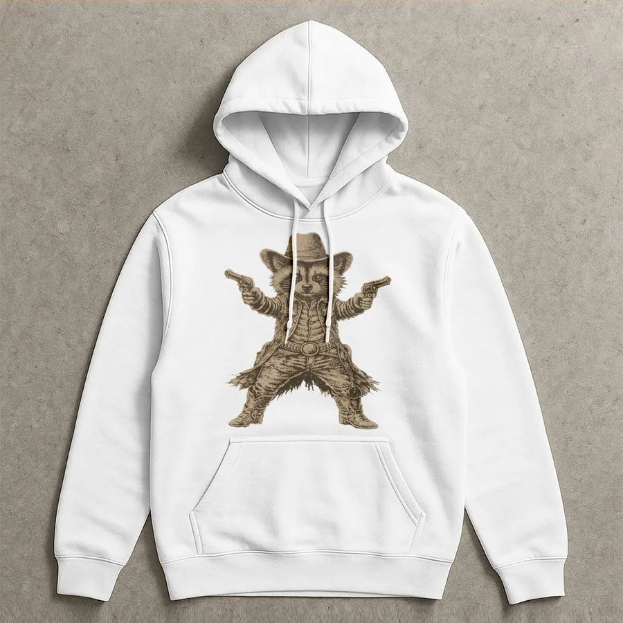 Cowboy Raccoon Hoodie | Retro Western Gunslinger Graphic | Soft Cotton Blend Sweatshirt | Funny Unisex Animal Lover Gift