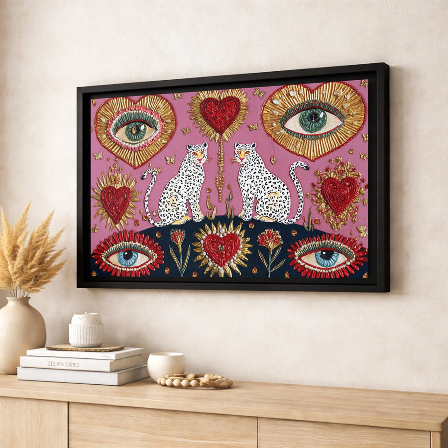 Leopard Wall Art | Sacred Heart Evil Eye Folk Art Canvas | Premium Gallery-Wrapped Print | Boho Spiritual Home Decor Gift