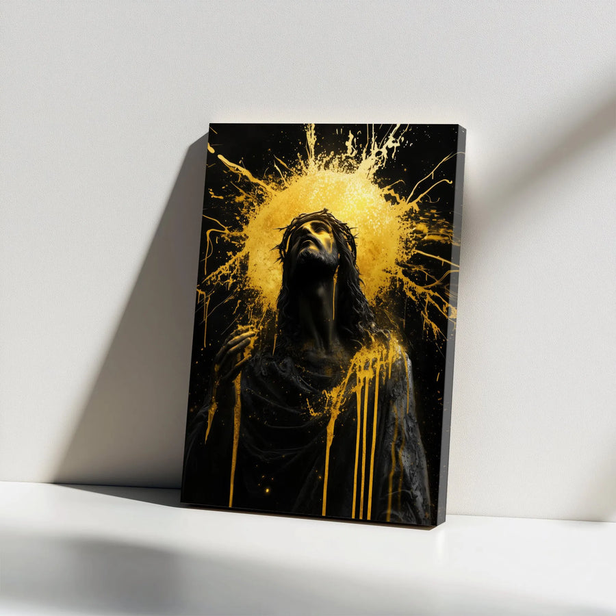 Jesus Christ Wall Art Canvas | Abstract Gold Splatter Crown of Thorns | Premium Thick Gallery Wrap | Inspirational Christian Home Decor Gift