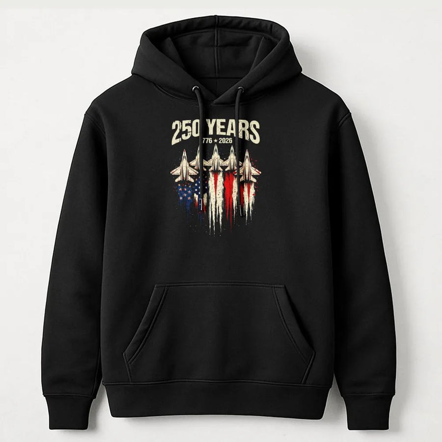America 250 Years Hoodie | Vintage Fighter Jet American Flag Graphic | Premium Cotton | Collector's 4th of July Gift for Patriots