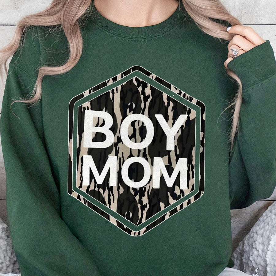 Boy Mom Sweatshirt | Vintage Camo Hexagon Print | Premium Cotton-Blend | Trendy Gift for Her