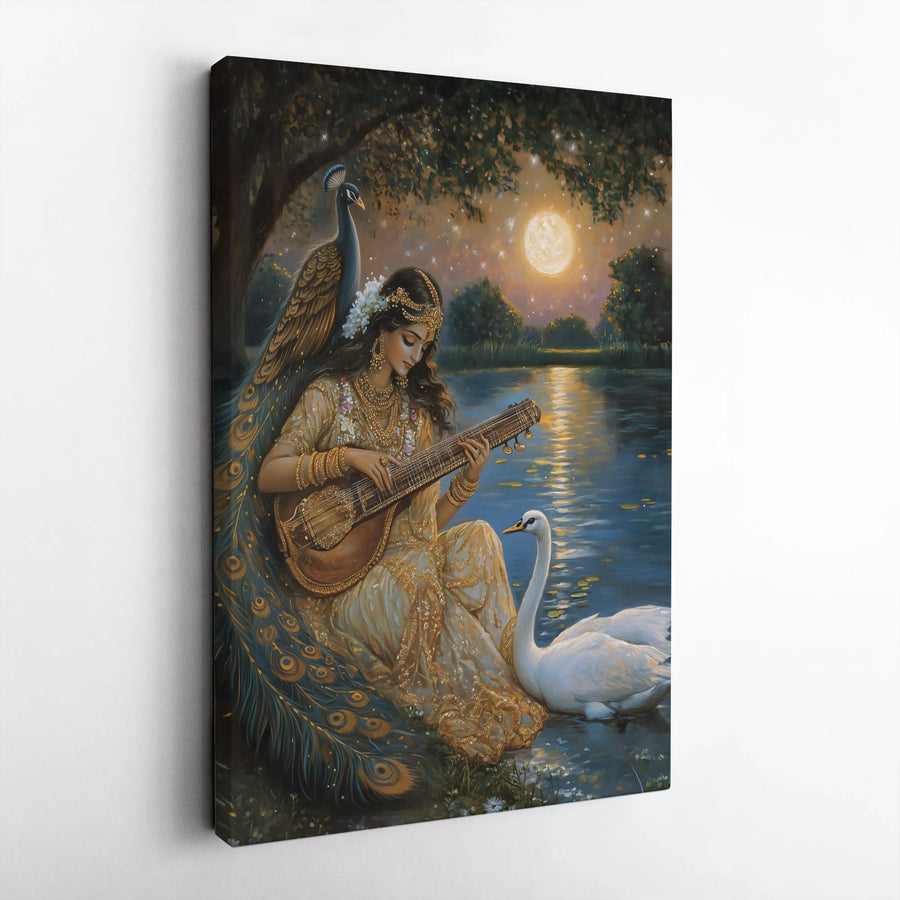 Goddess Saraswati Canvas Print | Divine Hindu Goddess with Veena & Peacock | Premium Wall Art | Spiritual Home Decor Gift for Meditation Room