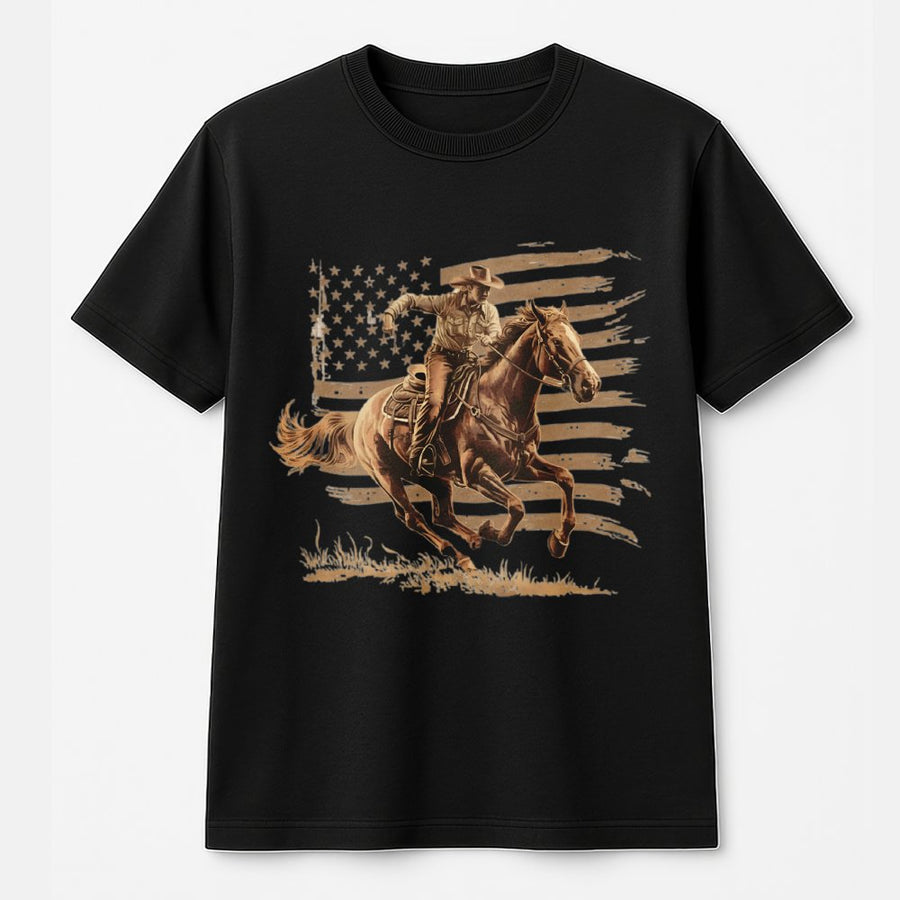 Western Cowboy Graphic T-Shirt | Distressed American Flag Design | 100% Premium Cotton | Patriotic Rodeo Style Gift for Him & Her