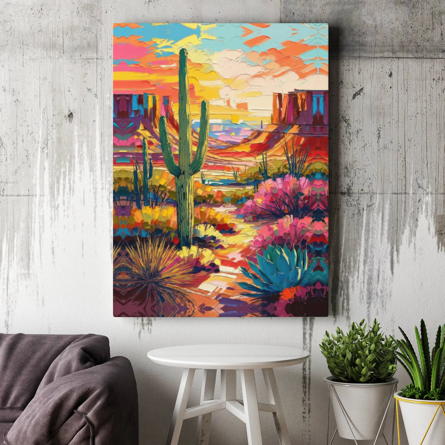 Southwestern Desert Canvas Wall Art | Vibrant Saguaro Cactus Landscape | Premium Gallery-Wrapped Print | Modern Boho Home Decor Gift