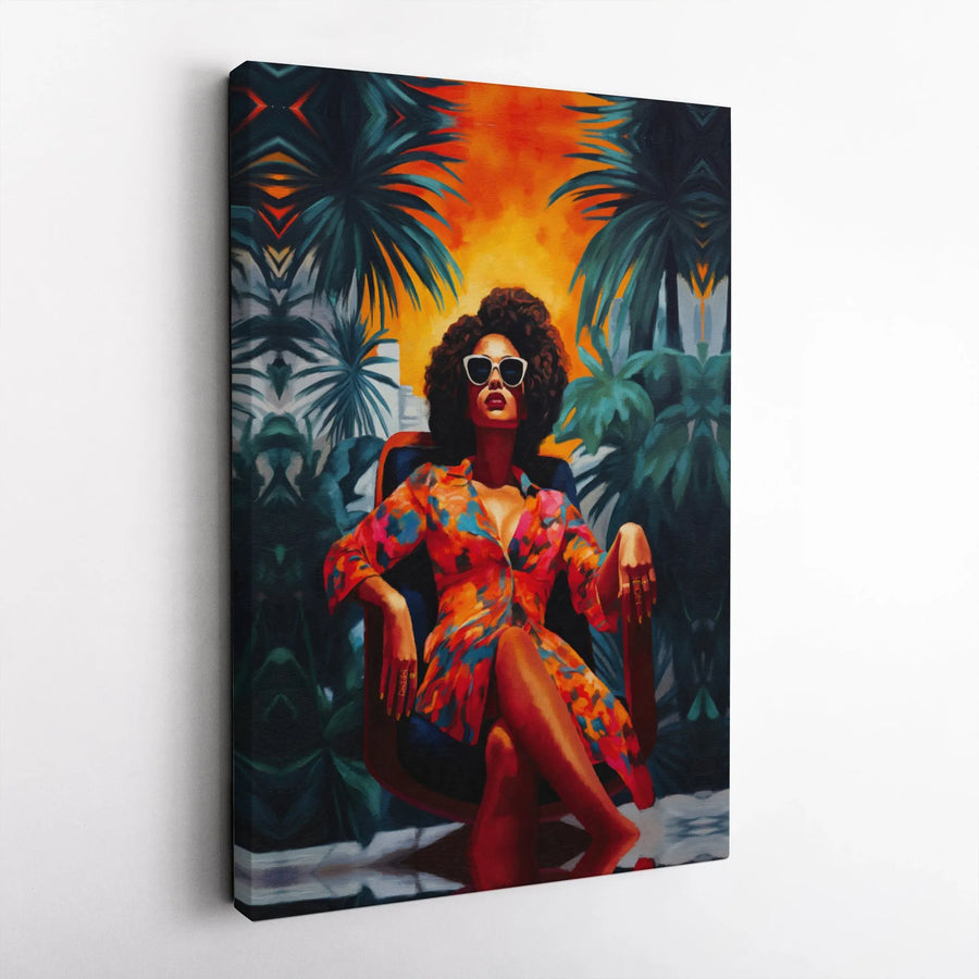 Black Woman Art Print | Afro Aesthetic Tropical Canvas | Premium Gallery Wrapped Decor | Stylish Home Office Wall Art Gift