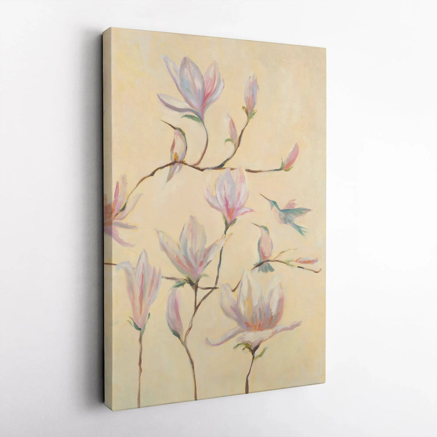 Magnolia and Hummingbird Canvas Wall Art | Pink Floral Watercolor Painting Print, Diptych Right Panel | Premium Gallery Wrapped Canvas | Botanical Home Decor Gift