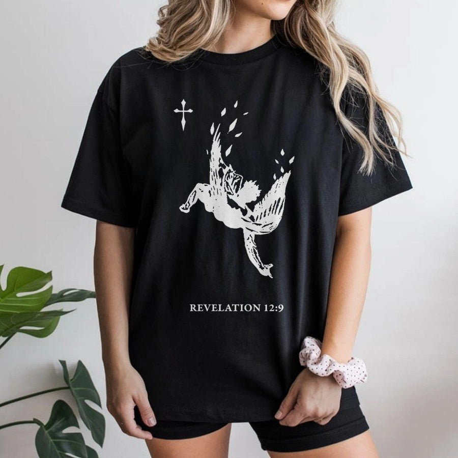 Revelation 12:9 Fallen Angel T-Shirt | Gothic Religious Bible Verse Graphic | Premium Cotton Streetwear | Christian Faith Apparel Gift