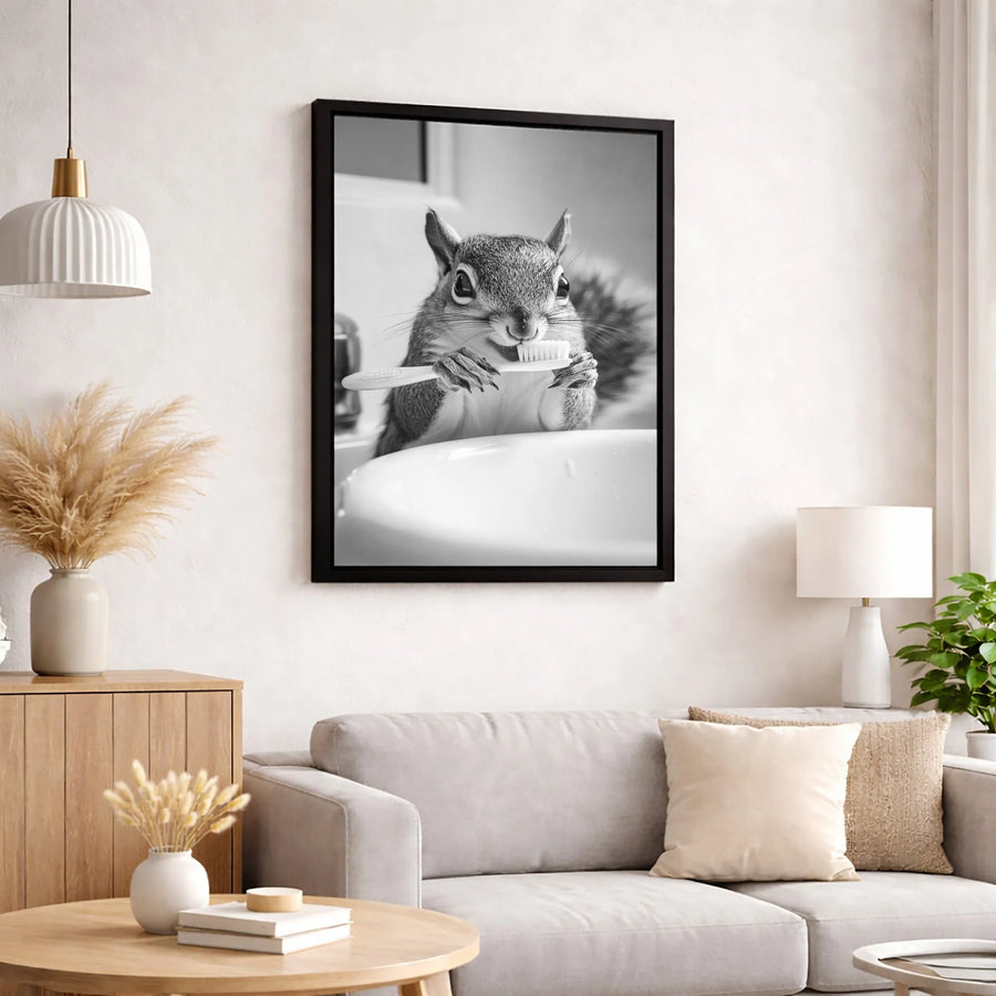 Squirrel Brushing Teeth Wall Art | Black and White Animal Photography | Premium 1.25 Inch Canvas Print | Whimsical Bathroom Decor Gift