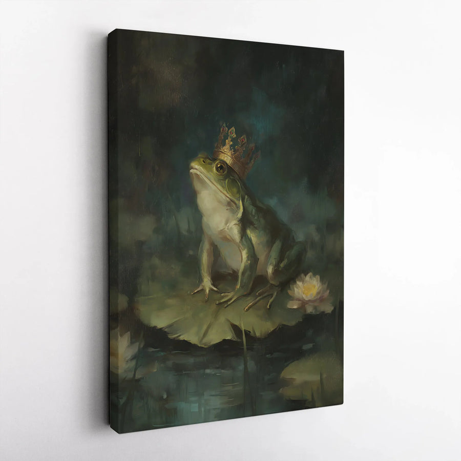 King Frog Wall Art | Vintage Oil Painting Style Frog with Crown | Premium Gallery Wrapped Canvas | Whimsical Nature Home Decor Gift