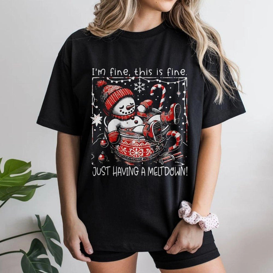 Funny Snowman T-Shirt | I'm Fine This Is Fine Meltdown Design | Premium 100% Cotton Graphic Tee | Cute Winter Holiday Gift for Adults