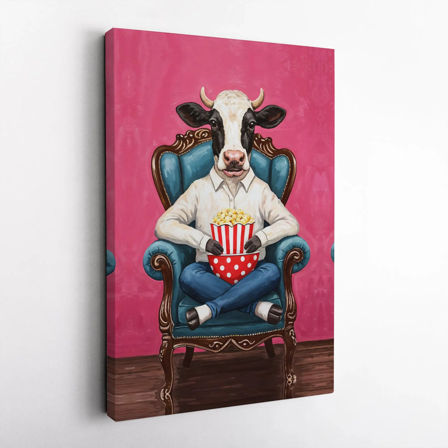 Funny Cow Canvas Wall Art | Anthropomorphic Animal Watching Movie with Popcorn | Premium Gallery Print | Quirky Home & Cinema Room Decor Gift
